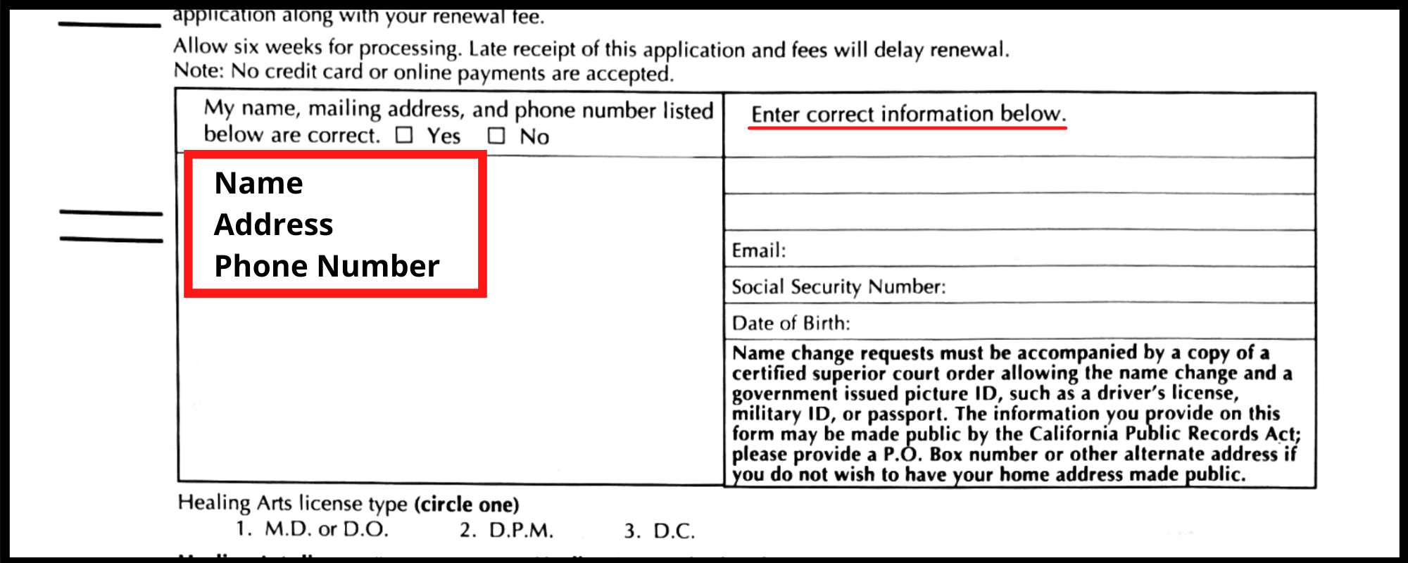 "Name, Address, Phone Number" listed in top left corner of sheet in red box. "Enter correct information below" underlined in red in the top right of the sheet