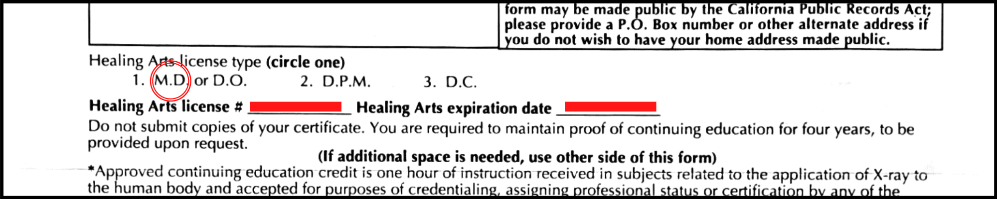License type "M.D." is circled in red and 2 red boxes indicated where you need to write your license number and expiration date