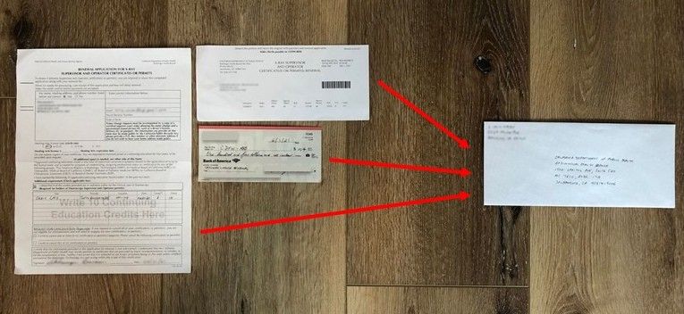 3 items (renewal application form, bottom portion of renewal notice and a check) on the left need to be mailed together in the envelope on the right